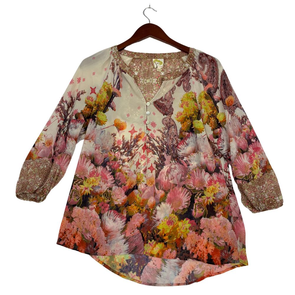 Fig and Flower Womens Floral Paisley Blouse 3/4 Sleeve Boho Tunic Top Multicolor